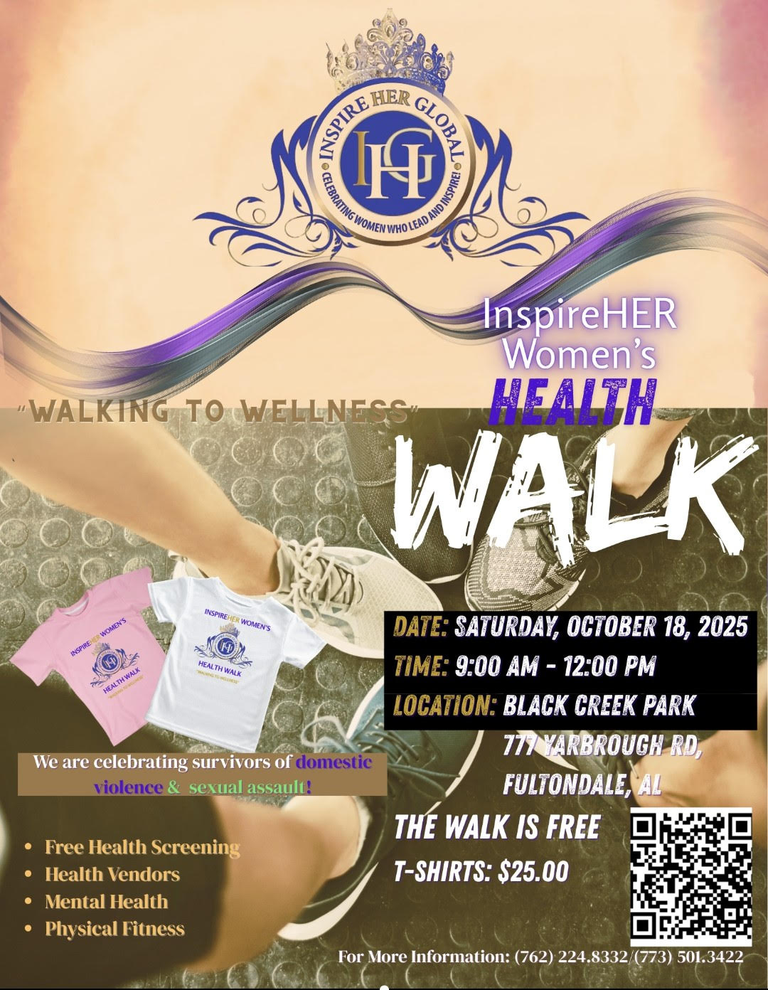Flyer for the InspireHER Women’s Health Walk in Birmingham. Event celebrates survivors of domestic abuse and sexual assault.